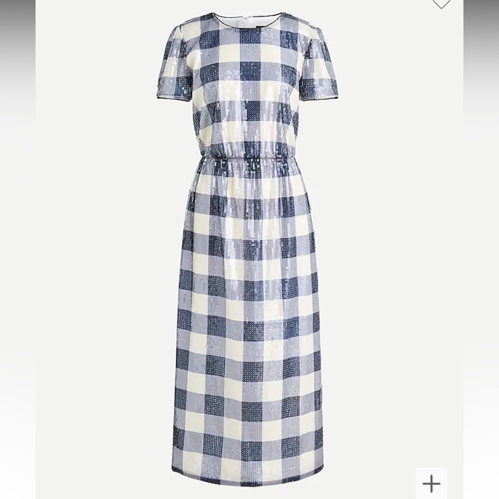 J. Crew Blue and White Gingham Sequin Midi Dress